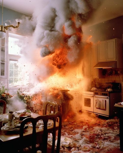 Un incendio en una cocina del que sale una bola de fuego Foto Premium